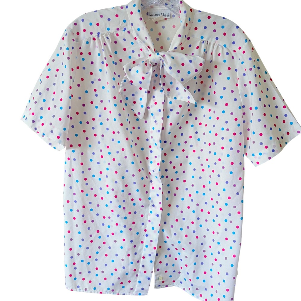Vintage 80s Laura Mae Polka Dot Bow Blouse Top 16 L Short Sleeve USA